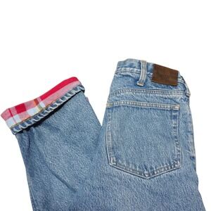 Lands End Flannel Lined Jeans Mens 32 Blue Plaid Cuffed Straight Leg Denim